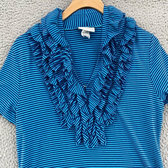 Soft Surroundings Top Womens Medium Blue Striped Ruffle V Neck Short Sleeve Knit - Picture 2 of 10